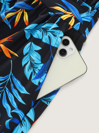 plus size Tropical Flower Print Pockets One-Piece Swimsuit