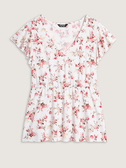 Cute Floral Print Stretchy Knit Top