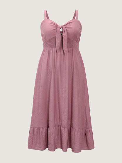 Twist-Front Shirred Back Ruffled Hem Midi Dress