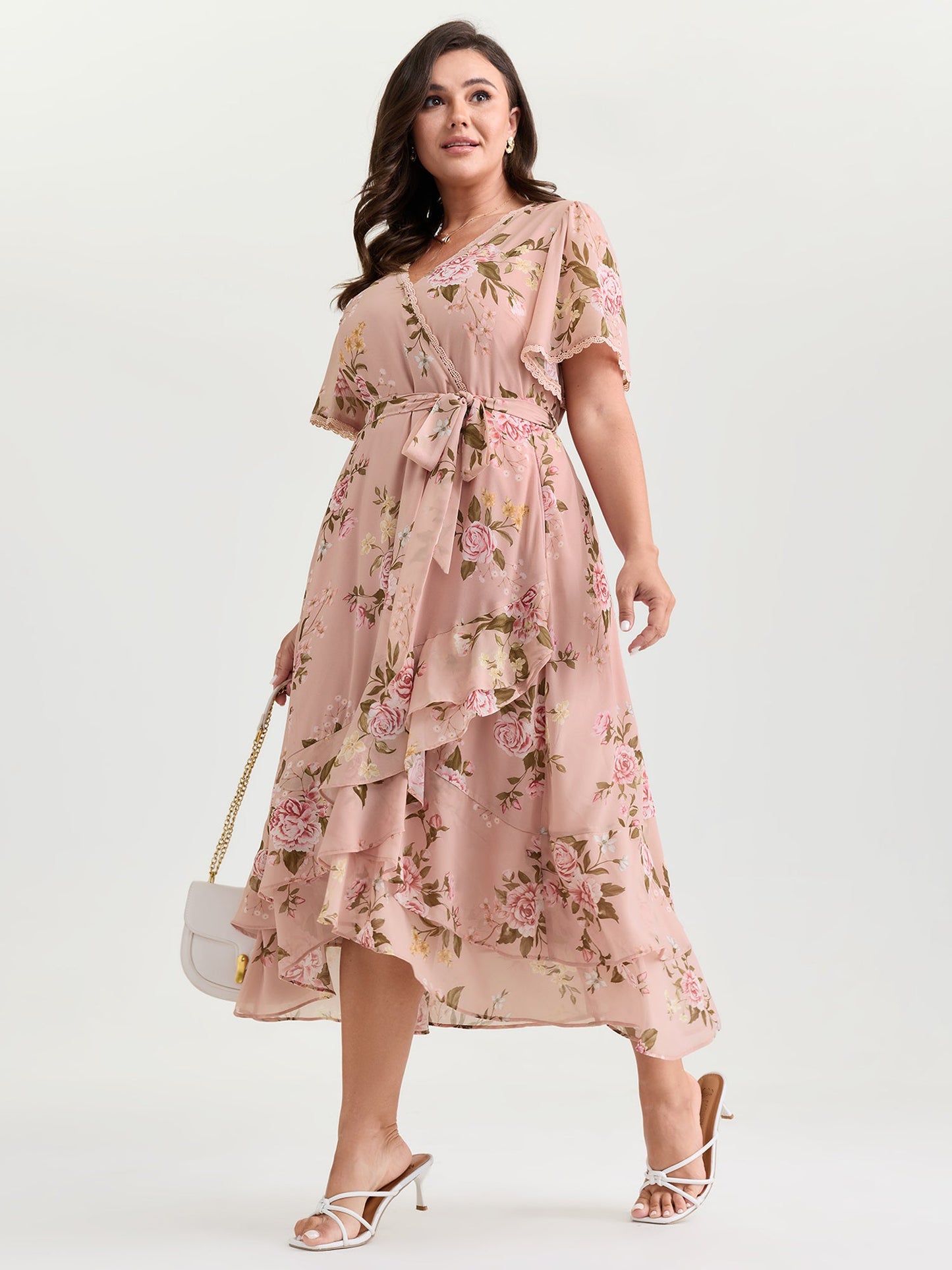 plus size  Soft Floral Print Lotus Leaf Hem Midi Dress
