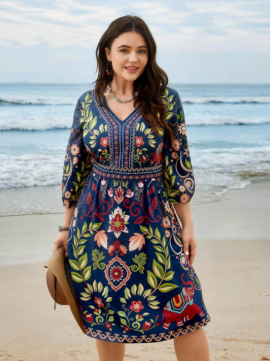 Boho Print V-Neck Pockets Mini Dress
