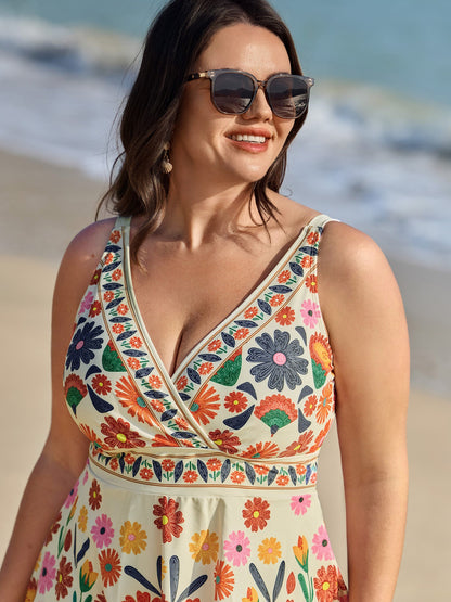 Floral Surplice Neckline Pockets Swim Dress