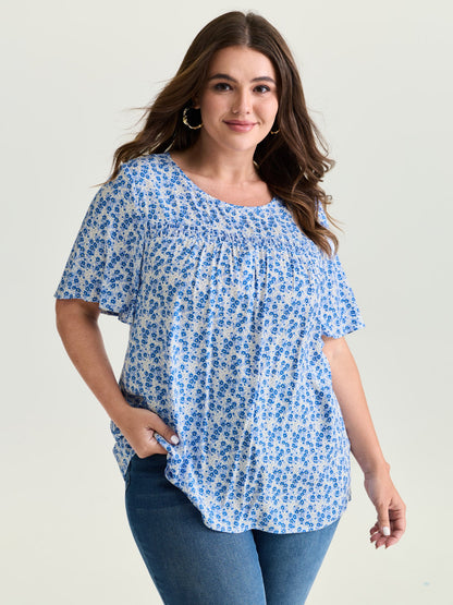 Floral Ruffle Sleeve Gathered Round Neck Blouse