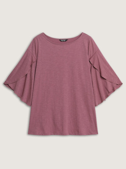 Petal Sleeve Plain Round Neck Knit Top