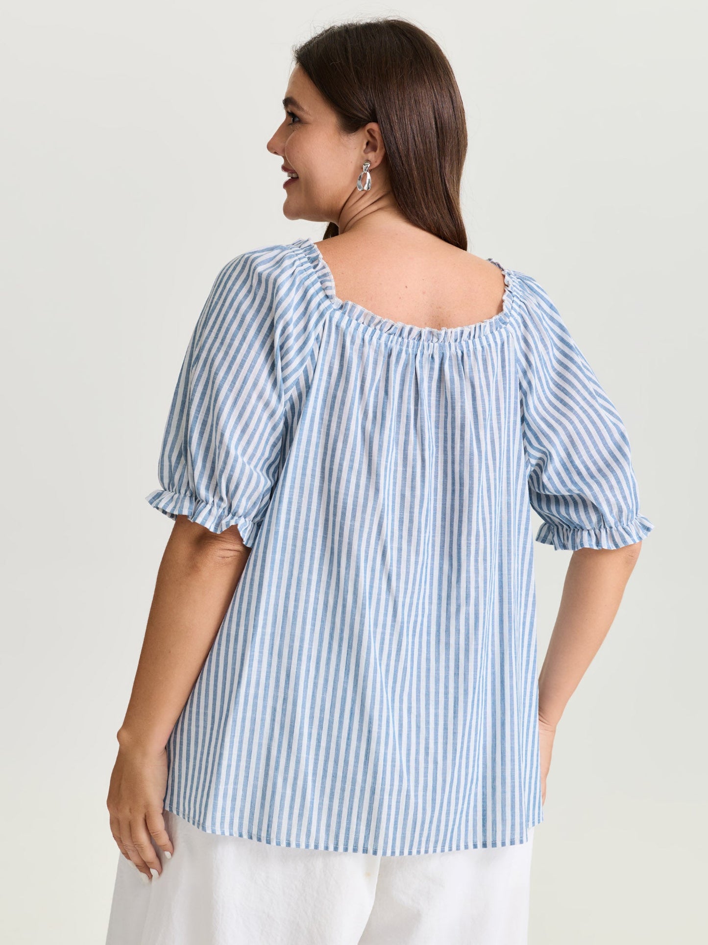 Cotton Striped Shirred Bust-Friendly Neckline Blouse