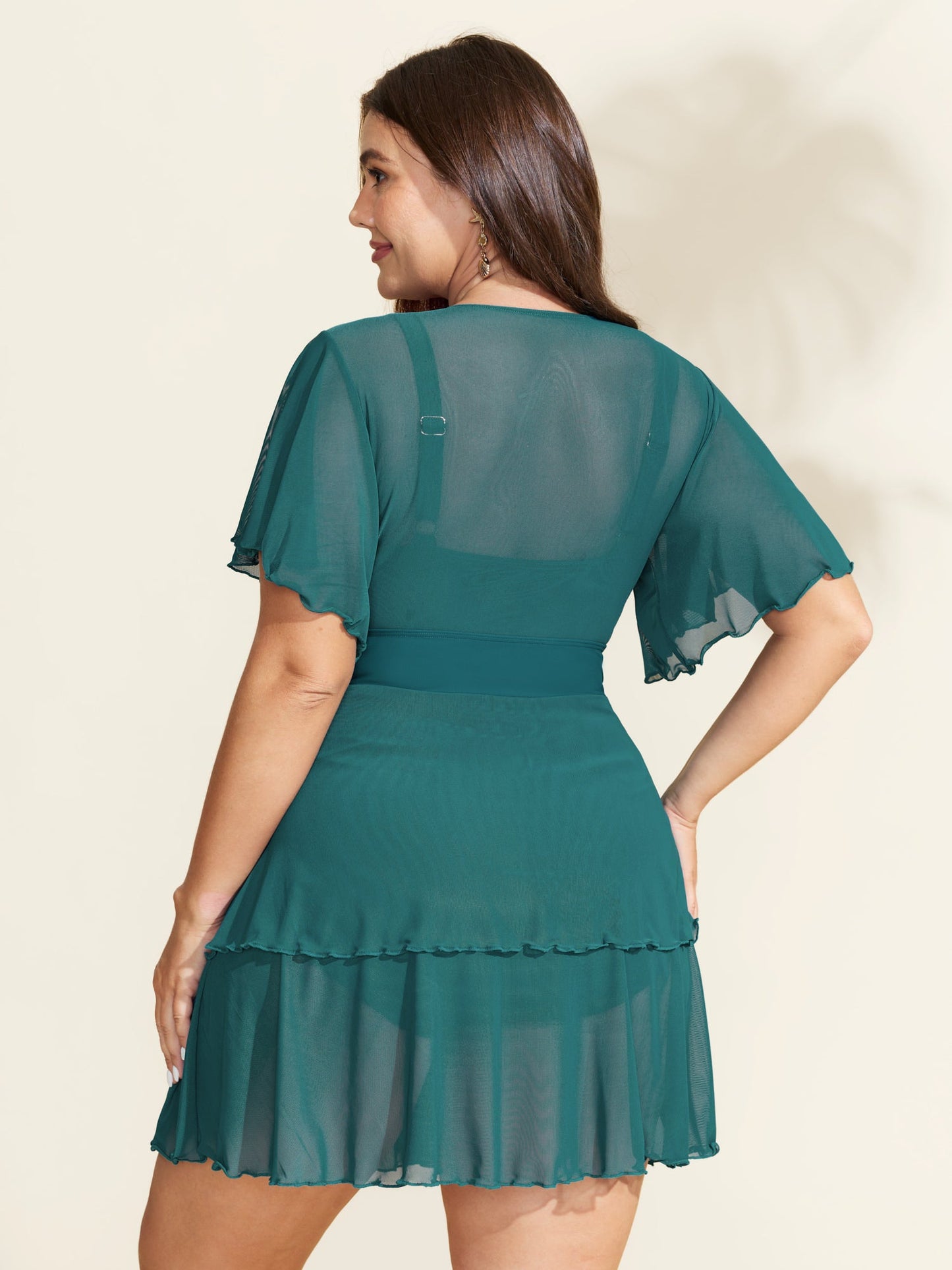 Sheer Ruffled Sleeve Layered Swim Dress