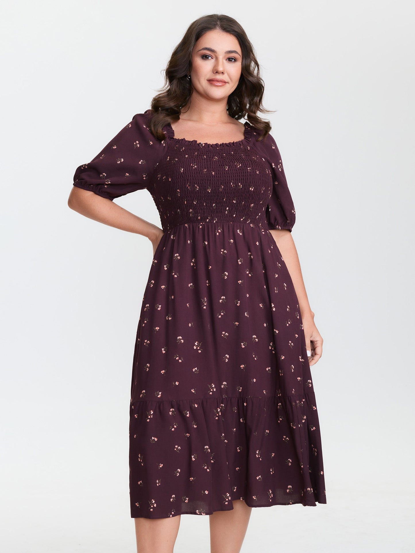 plus size Micro Floral Shirred Bodice Midi Dress