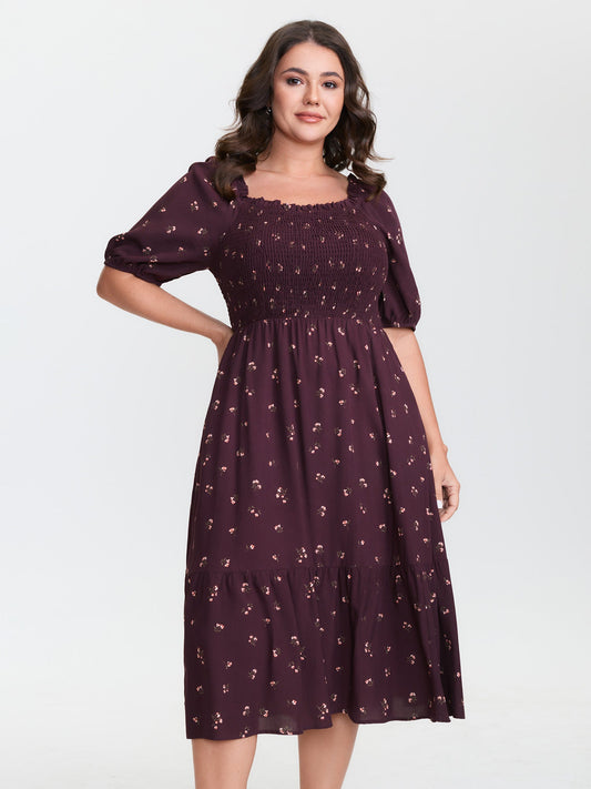 plus size Micro Floral Shirred Bodice Midi Dress