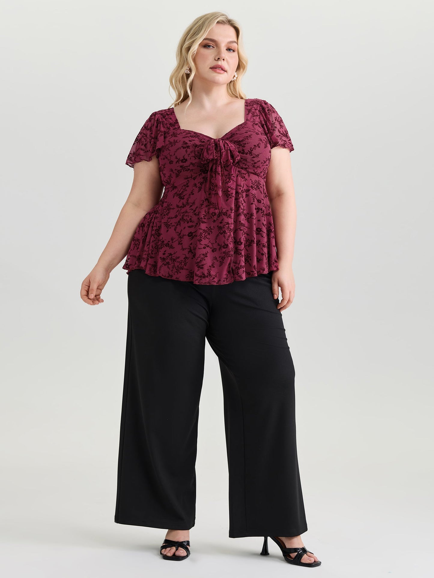 Floral Flocked Mesh Knotted Front Top