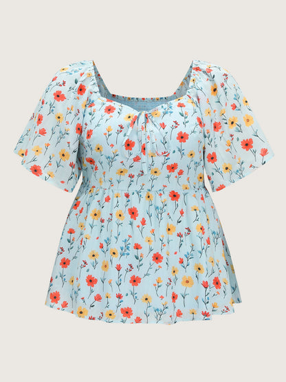 Sunshine-Ready Floral Print Drawstring Blouse