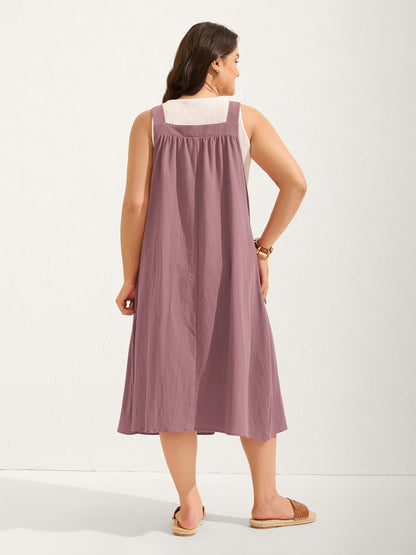 plus size Pure Cotton Pleated Pockets Midi Dress