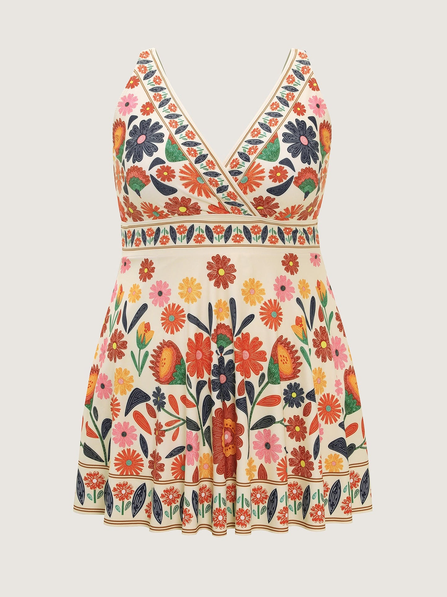 Floral Surplice Neckline Pockets Swim Dress