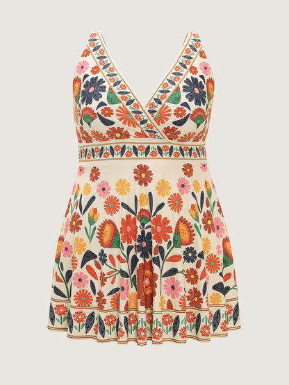 Floral Surplice Neckline Pockets Swim Dress
