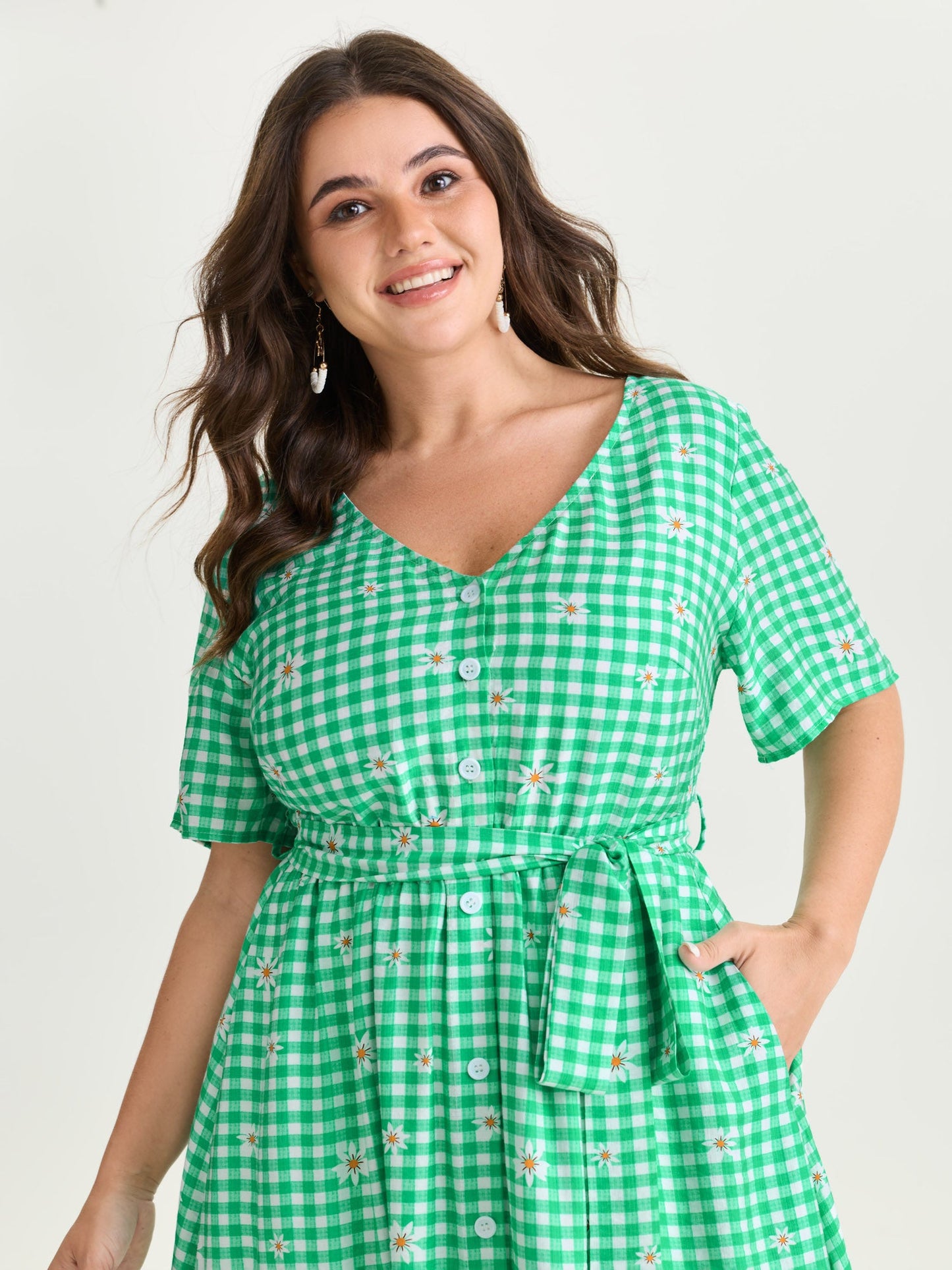 Floral Check Print Waist-Tie Midi Dress