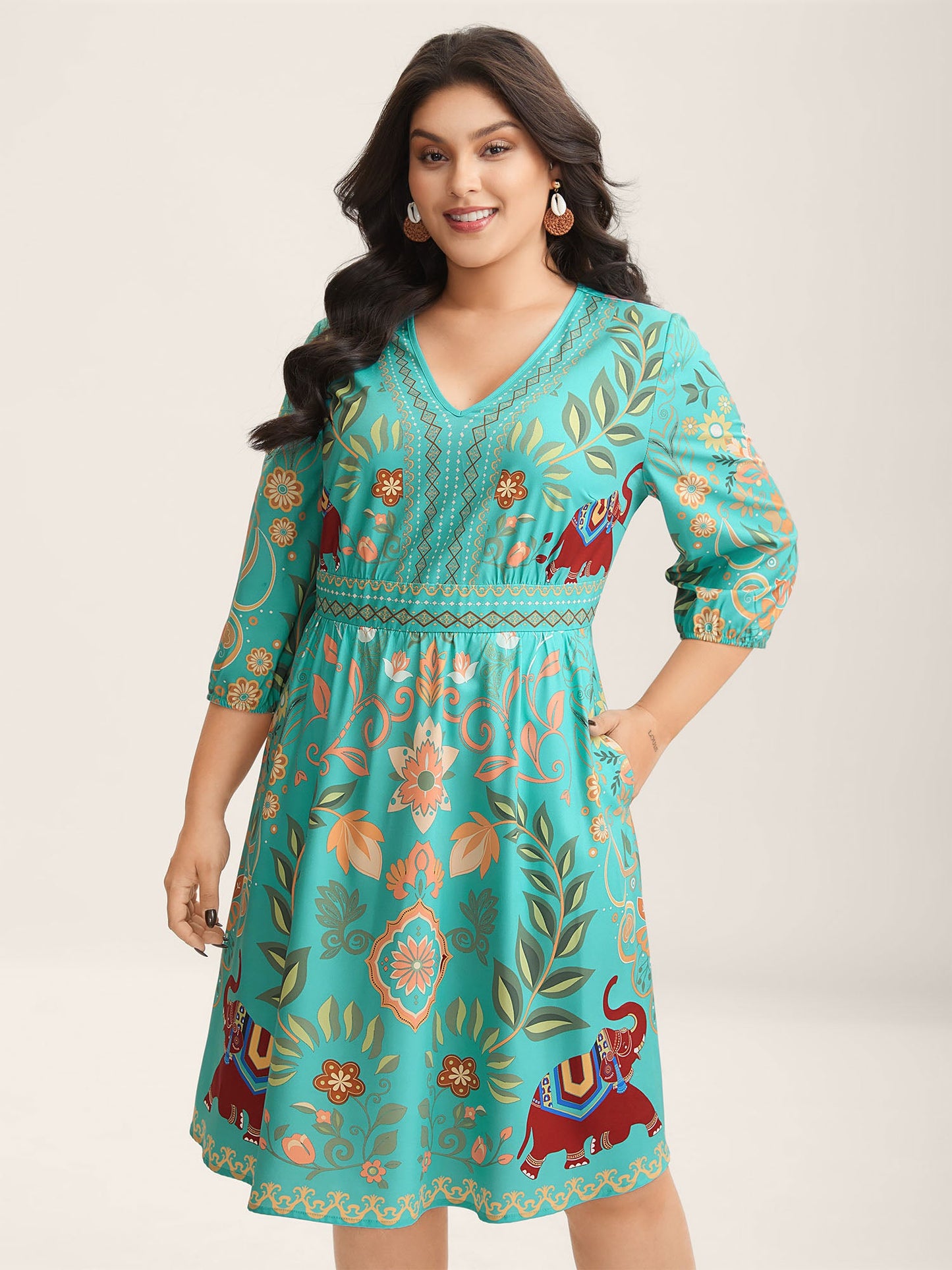 Boho Print V-Neck Pockets Mini Dress