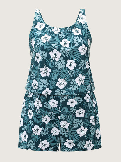plus size Tropical Flower Print Pockets One-Piece Swimsuit