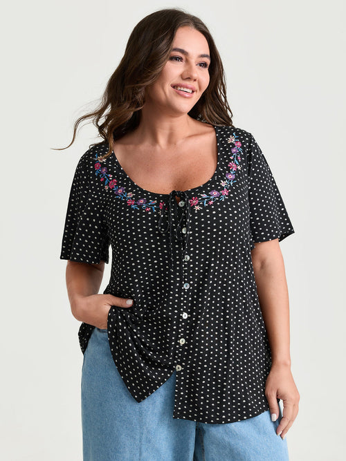 Colorful Floral Embroidered Neckline Polka Dot Top