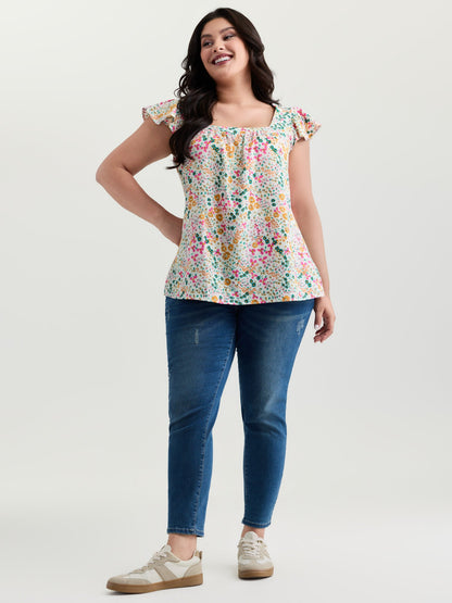 Bright Floral Print Flutter Sleeve Blouse