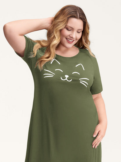 Happy Cat Print Stretchy Contrast Nightgown