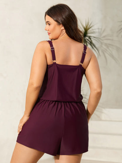 plus size  Plain Pockets Adjustable One-Piece Swimsuit