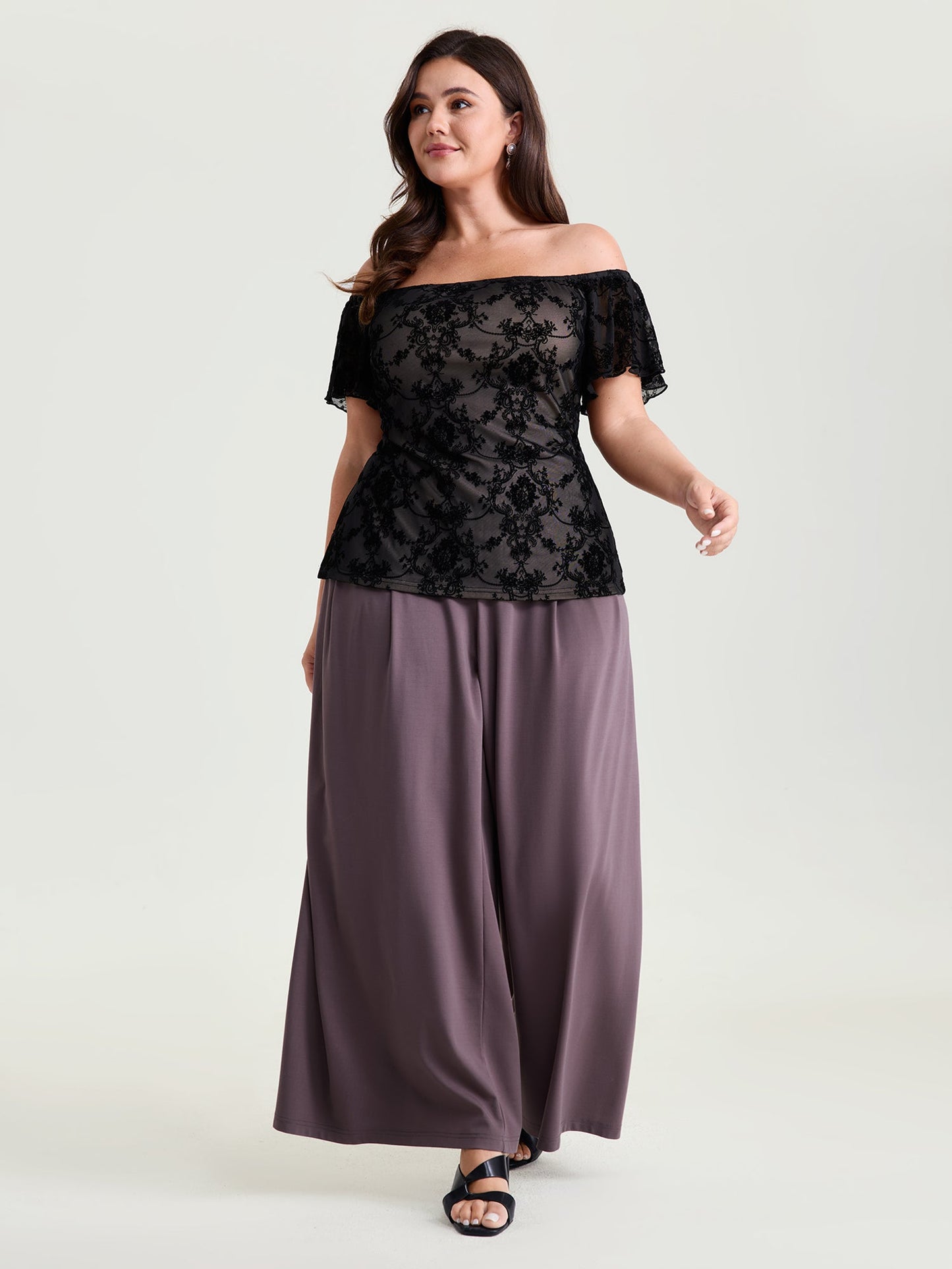 Flocked Floral Off-Shoulder T-Shirt