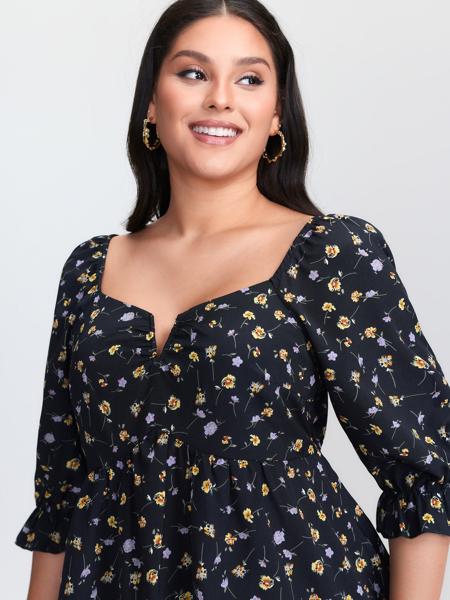 Floral Print Shirred Cuff Sleeve Blouse