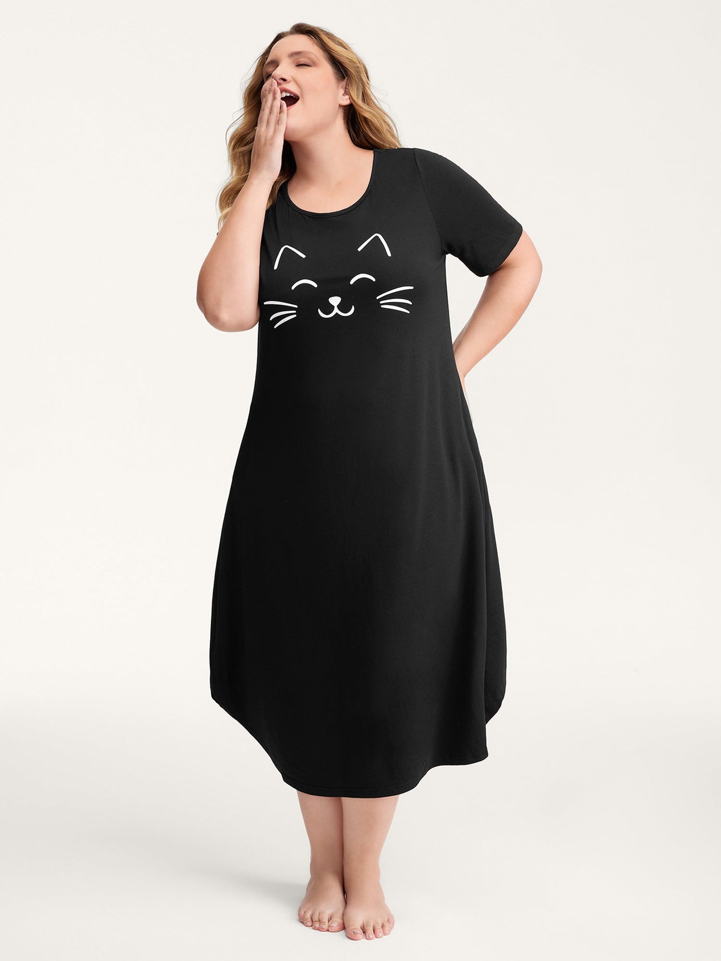 Happy Cat Print Stretchy Contrast Nightgown