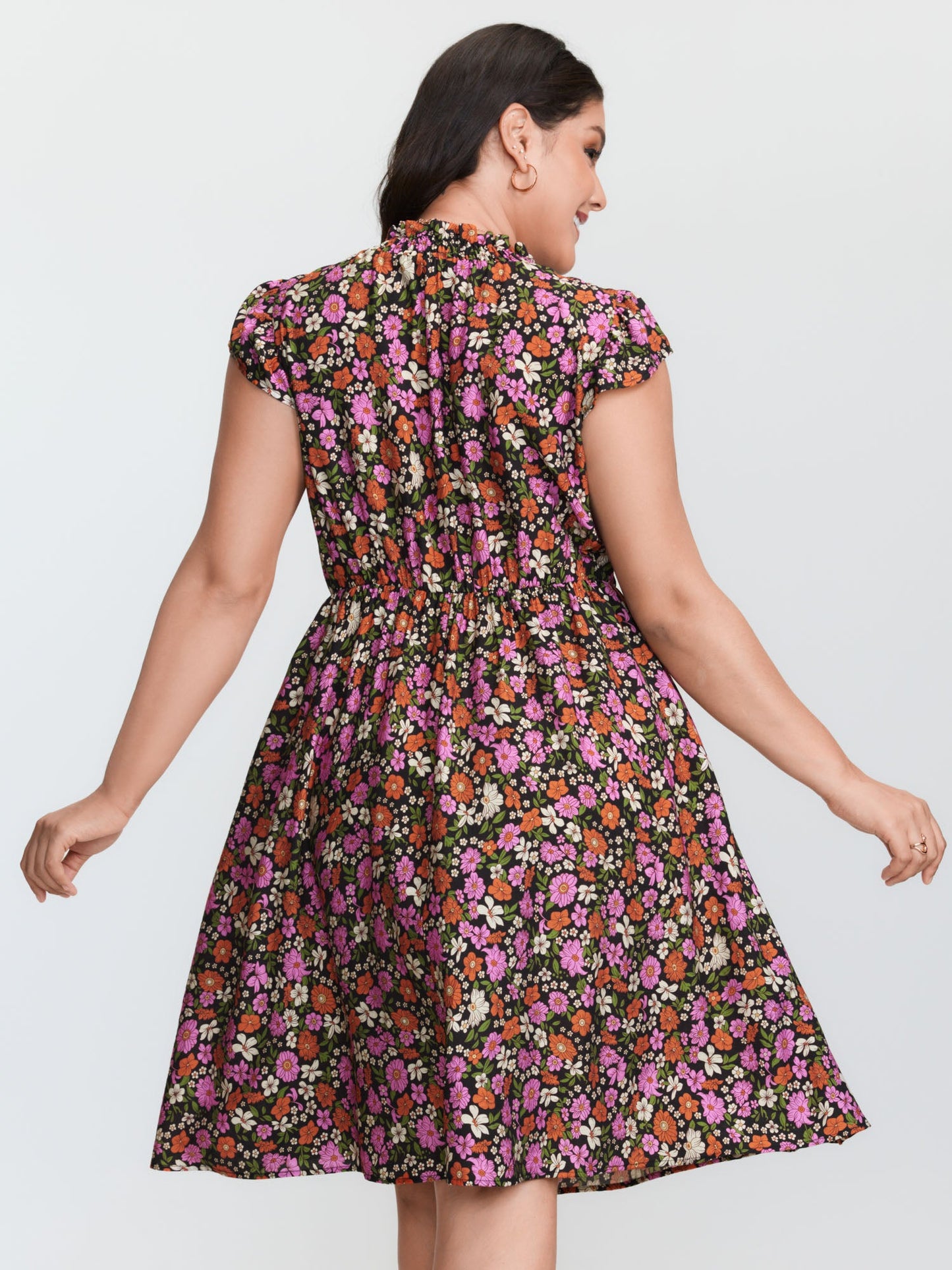 Chic Floral Print Ruffled Mock Neckline Mini Dress