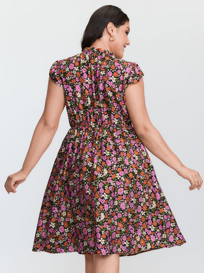 Chic Floral Print Ruffled Mock Neckline Mini Dress