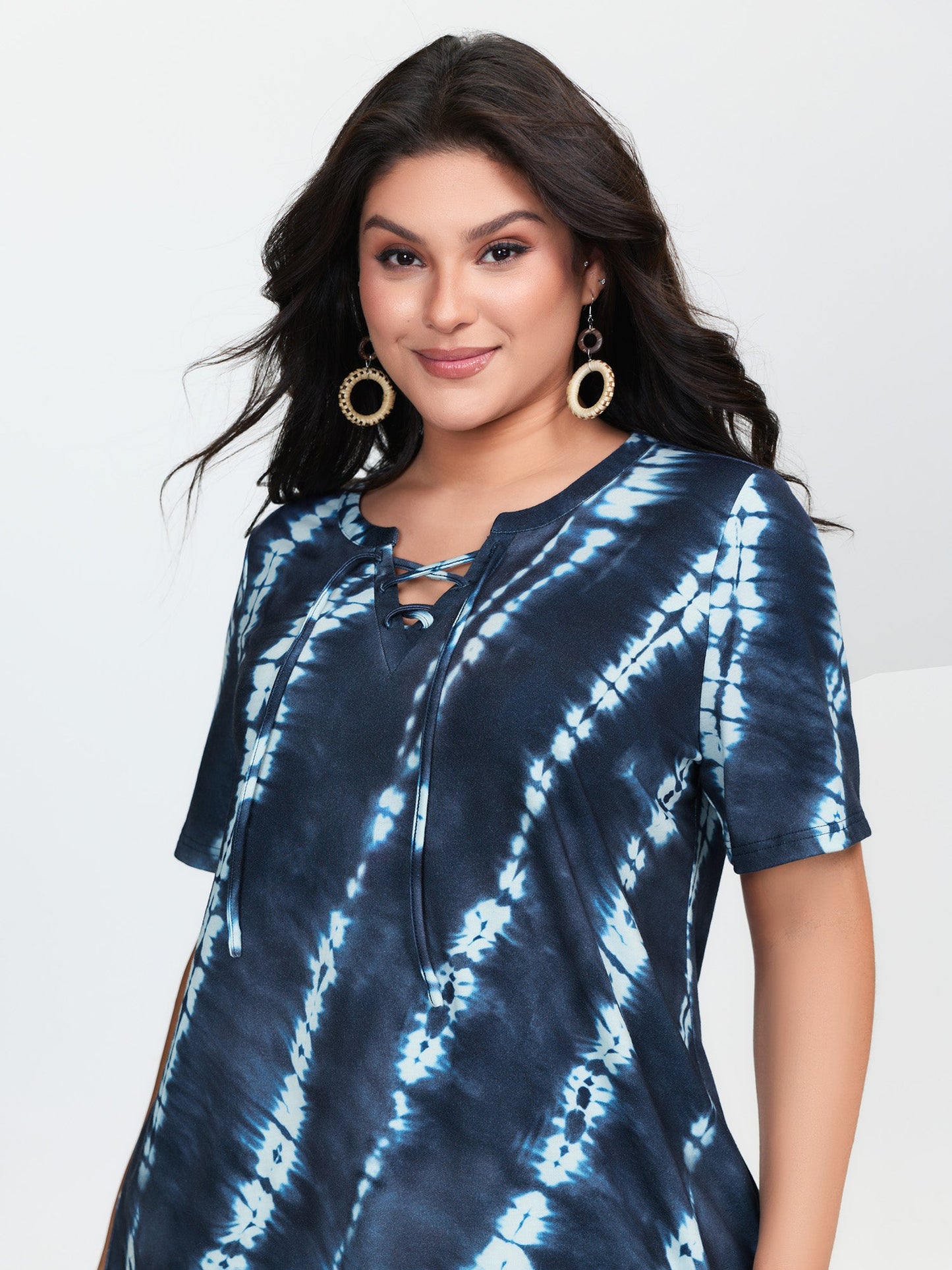 Tie-Dye Print Drawstring Neckline T-Shirt