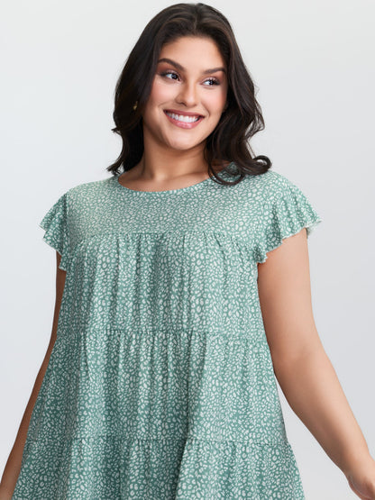 Leopard Print Tiered Flutter Sleeve Knit Top