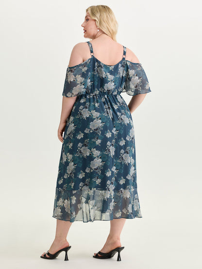 Floral Print Cold-Shoulder Midi Dress