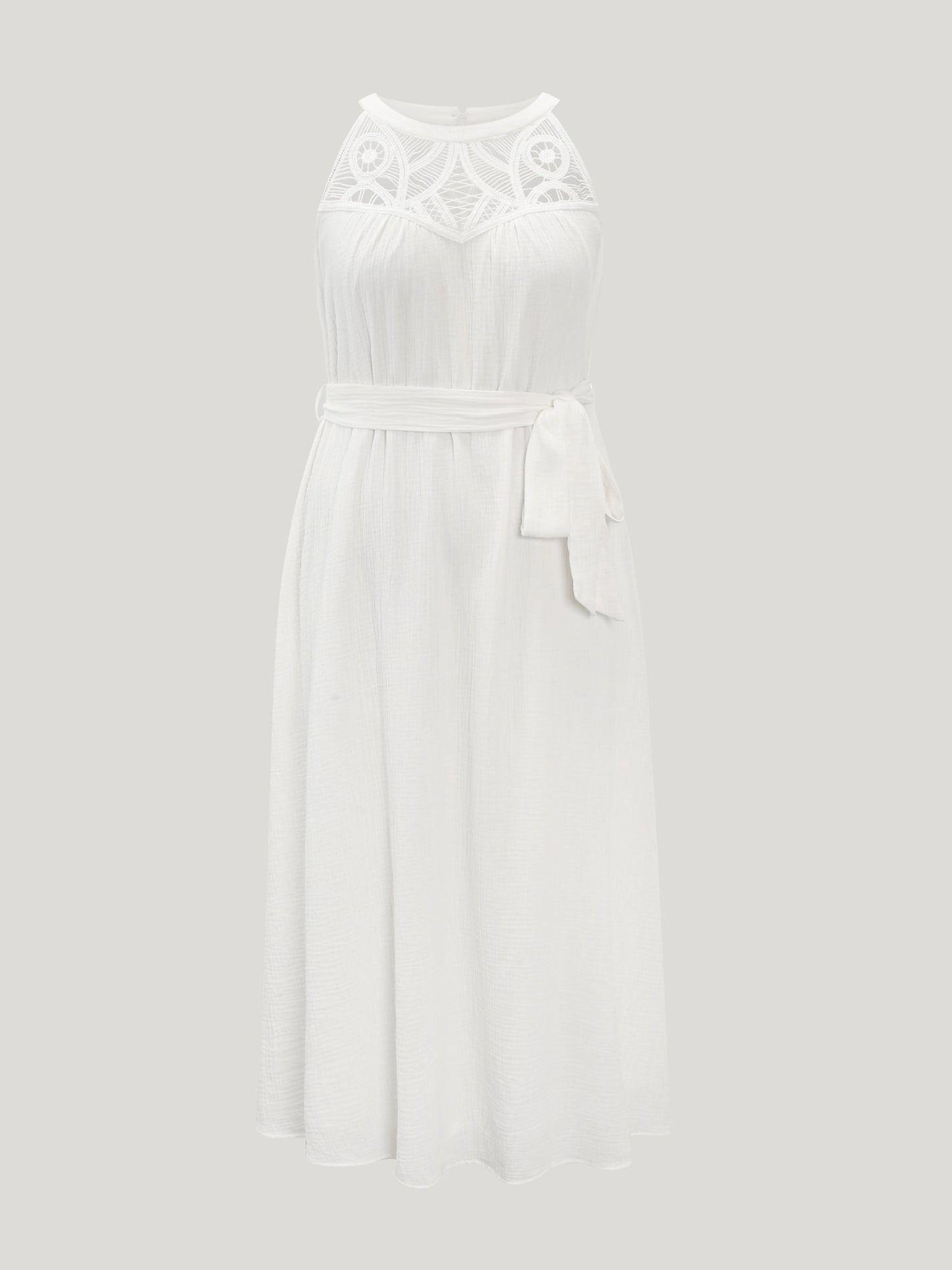 Cotton Sheer Lace Neckline Waist-Tie Maxi Dress