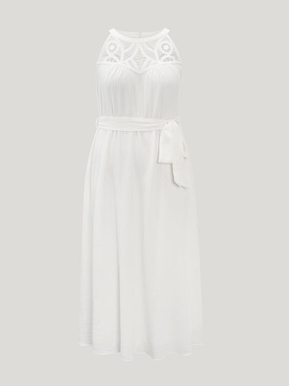 Cotton Sheer Lace Neckline Waist-Tie Maxi Dress