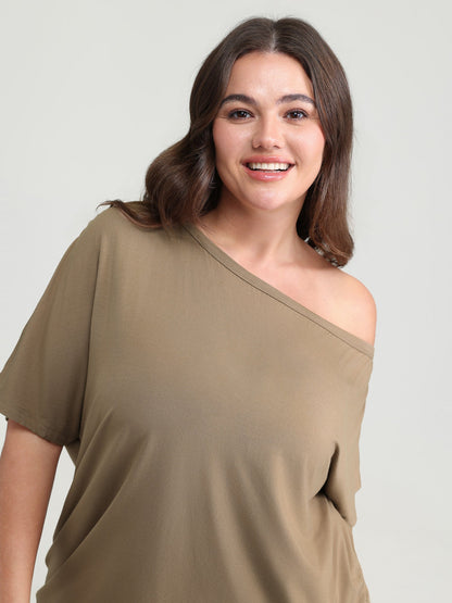 Supersoft One-Shoulder Draped Plain Knit Top