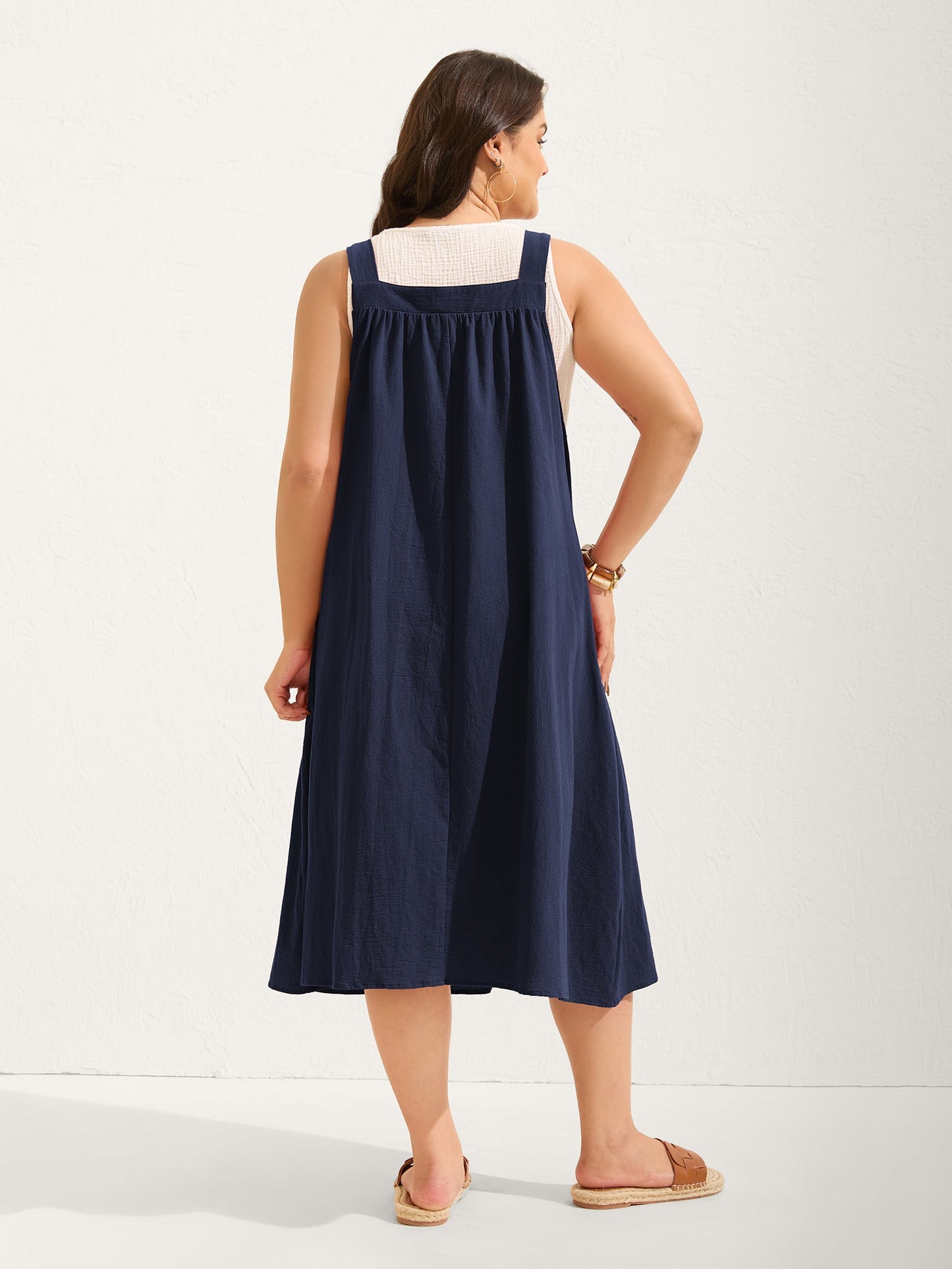 plus size Pure Cotton Pleated Pockets Midi Dress