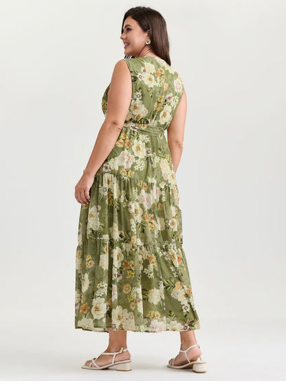 plus size Large Floral Print Waist-Tie Tiered Maxi Dress