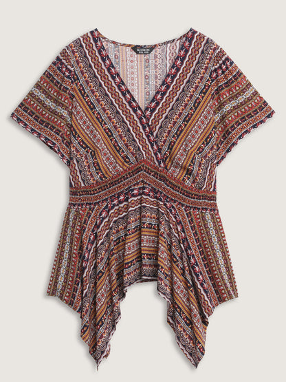 Boho Striped Print Handkerchief Hem Blouse