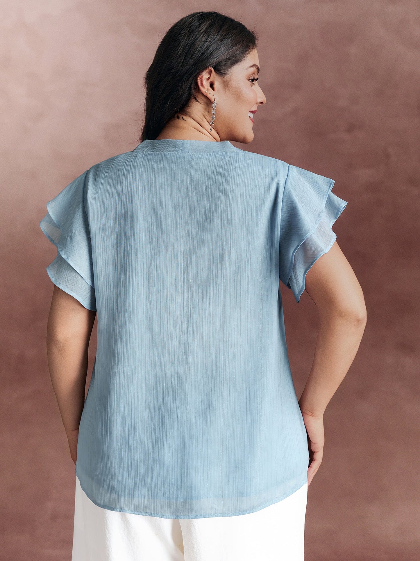 Ribbon Neckline Layered Sleeve Blouse