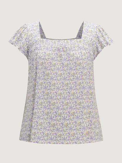 Micro Floral Print Shirred Neckline Knit Top