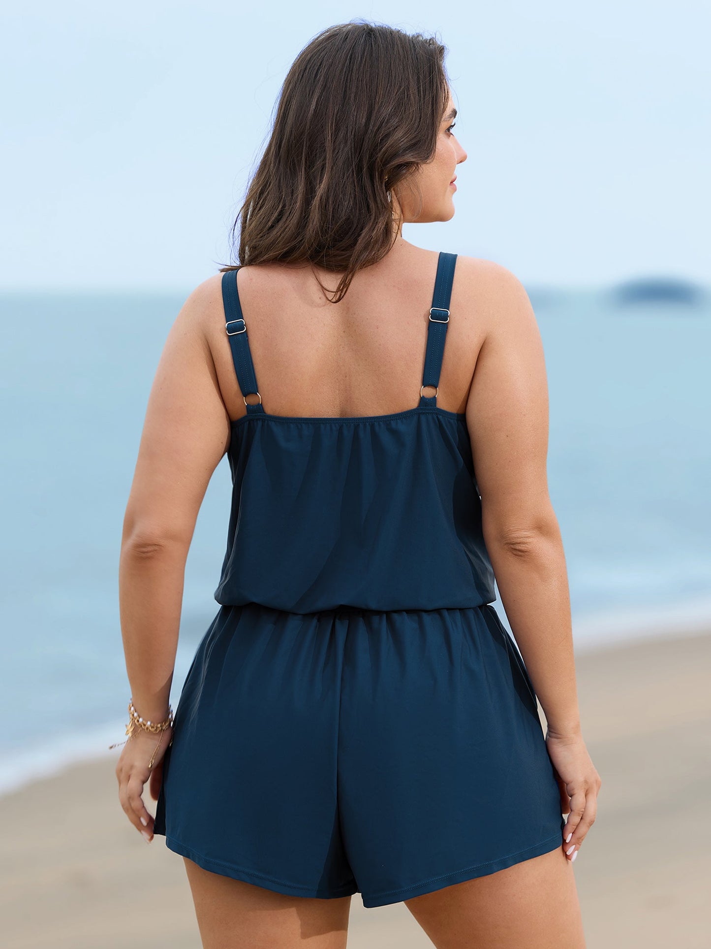 Solid Keyhole Elastic Waist Gathered One Piece Swimsuit