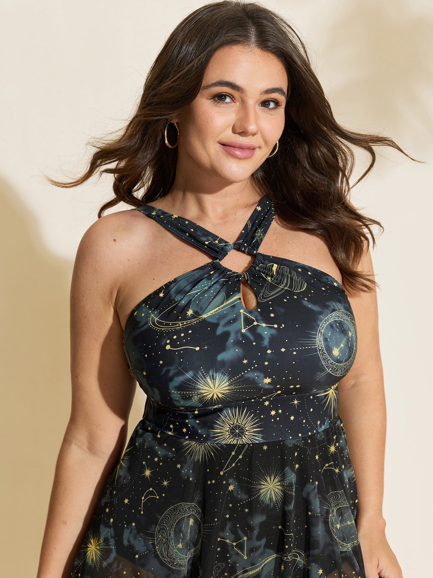 Galaxy Print Halter Neckline Swim Dress