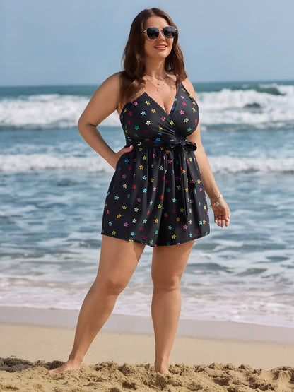 Floral Non-Removable Belt One-Piece Swimsuit