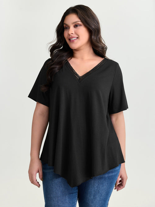 Supersoft Stretchy Draped Lace Trim Plain T-Shirt