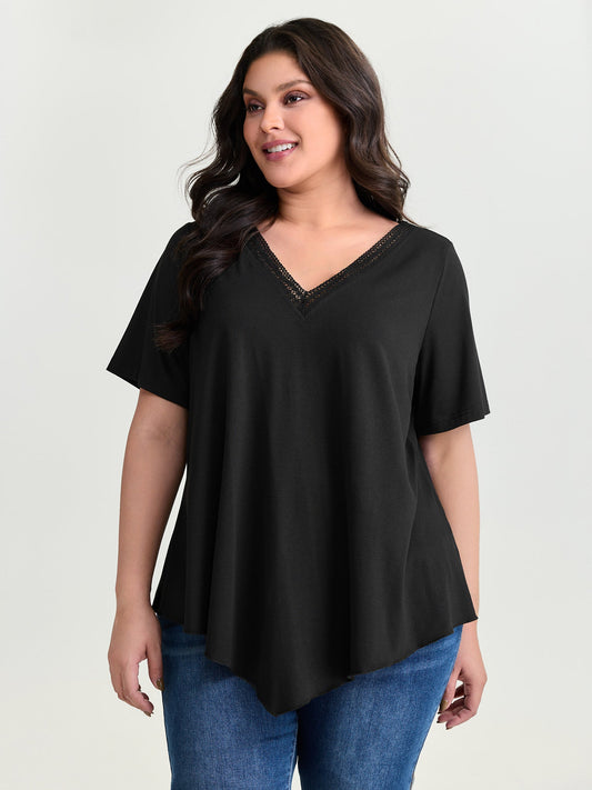 Supersoft Stretchy Draped Lace Trim Plain T-Shirt