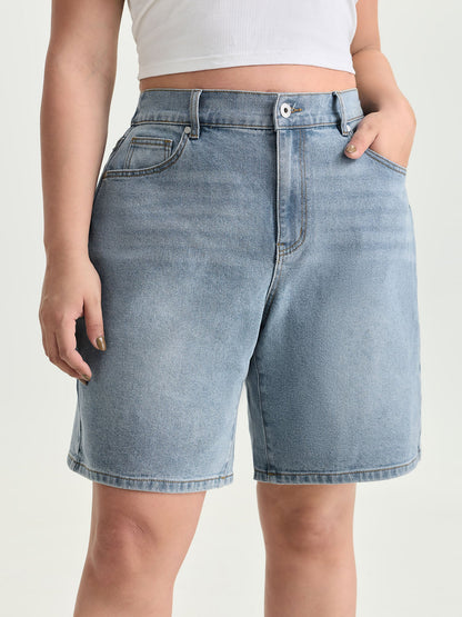 Stretchy Waist Faded Denim Shorts