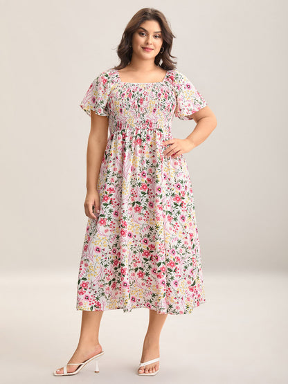 plus size Floral Shirred Square Neck Pocket Midi Dress