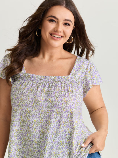 Micro Floral Print Shirred Neckline Knit Top