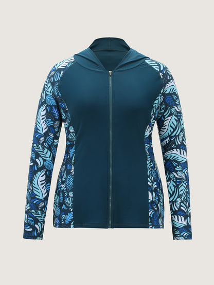 Tropical Print Hooded Pockets Swim Top