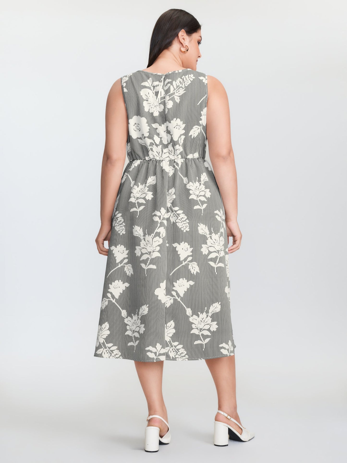 Striped Floral Print Notched Collar Midi Dress